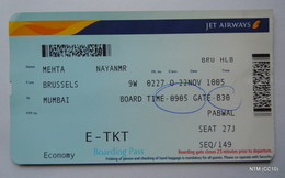 JET AIRWAYS E-TICKET - BOARDING PASS (Year 2012). Brussels To Mumbai. Used. - Mondo