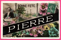 Bonne Fête - Pierre - Prénom - Homme à Moustache Dans Les Fleurs - PC 4262 - Colorisée - Prénoms