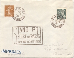 CECOGRAMME TARIF A 3 C IMPRIME POUR LES AVEUGLES STAND DES PTT FOIRE DE PARIS 1939 SEMEUSE MERCURE - Tarifas Postales