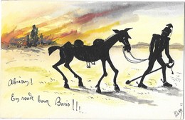 GUERRE 1914-18 Aquarelle Originale En Ombre Chinoise Militaire Allemand Incendiaire Et Son Cheval - Guerre 1914-18