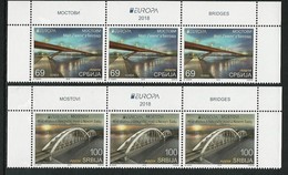 SERBIA/ SERBIEN/ SRBIJA -EUROPA 2018 -"PUENTES.- BRIDGES - BRÜCKEN - PONTS" - STRIP De 3 SERIES PARTE SUPERIOR HOJA - 2018