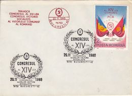 COMMUNIST PARTY CONGRESS, SPECIAL POSTMARKS AND STAMP ON COVER, 1989, ROMANIA - Brieven En Documenten