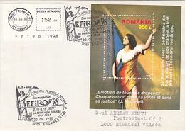 ROMANIAN 1848 REVOLUTION ANNIVERSARY, SPECIAL POSTMARKS AND STAMP SHEET ON COVER, 1998, ROMANIA - Brieven En Documenten