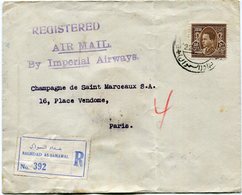 IRAQ LETTRE RECOMMANDEE PAR AVION "BY IMPERIAL AIRWAYS" DEPART BAGHDAD 22 AUG 39 POUR LA FRANCE - Iraq