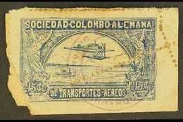 SCADTA 1920-21 15c Blue Hydroplane (Scott C13, SG 13, Michel 2), Used Example On Small Piece Showing A Spectacular PERFO - Colombie