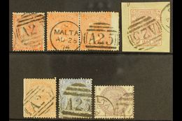GB USED IN MALTA GB QV Stamps With "A25" Duplex Cancels Comprising 1862 4d (SG Z48), 1865-73 4d Pair (Z49), 1875-76 2½d  - Malta (...-1964)