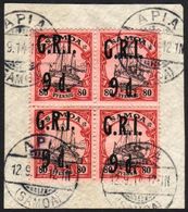 1914 (3 Sept) "G.R.I." Surcharge 9d On 80pf Black And Carmine/rose, SG 109, Very Fine Used BLOCK OF FOUR, On Piece Tied  - Samoa (Staat)