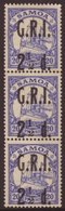 1914 (3 Sept) "G.R.I." Surcharge 2½d On 20pf Ultramarine (SG 104) Vertical Strip Of Three, The Top Stamp With "1" To Lef - Samoa