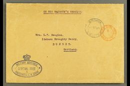 1915 (11 Oct) Stampless OHMS Cover To Scotland, Bearing "Windhuk" & Red "Cape Town Official Paid" Cds's And Superb Blue  - Zuidwest-Afrika (1923-1990)