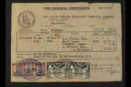 REVENUE DOCUMENT 1949 FIRE RENEWAL CERTIFICATE Bearing 2s6d KGVI (x3) & 2d UPU (x2) Stamps Tied By Oval Cachets. Usual F - Southern Rhodesia (...-1964)