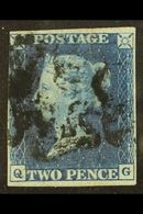 1840 2d Blue 'QG' Plate 2, SG 5, Used With 4 Small Margins & Black Maltese Cross Cancel. For More Images, Please Visit H - Other & Unclassified