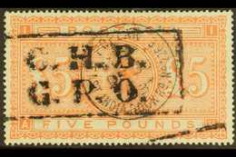 1867-83 £5 Orange On White Paper, SG 137, Used With East India Dock Rd Cds & Framed Parcel Cancel With Strong Fresh Colo - Other & Unclassified