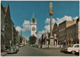 Straubing - Theresienplatz Mit Stadtturm Und Dreifaltigkeits Säule - Straubing