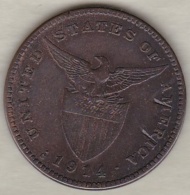 Philippines. U.S. A. Administration. 1 Centavo 1914 S San Francisco.  Bronze .KM# 163 - Philippines
