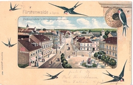 FÜRSTENWALDE Spree Denkmalsplatz + Münchebergerstrasse Geprägt ColorLitho Passepartout Schwalben 28.2.1904 Gelaufen - Fuerstenwalde