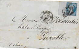 1861 - EMPIRE 20c AVEC BORD DE FEUILLE Sur LETTRE LSC De PARIS => GRENOBLE - 1853-1860 Napoleon III