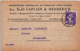 75 PARIS : Etablissements CAPLAIN & HENDERICK , Rue Saucier Leroy - Oblitération (entiers Postaux ) - Xertigny