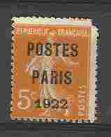 Préoblitéré Yvert N°30 - 5c Semeuse Camée Orange POSTES PARIS 1922 - 1893-1947