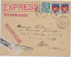 1943 - LETTRE RECOMMANDEE EXPRES De MONTPELLIER (HERAULT) => LYON - MERCURE - 1941-66 Escudos Y Blasones