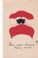 Illust RENE. Couple De CHATS NOIRS  Au Lit "Pour Vivre Heureux, Vivons Cachés " - Autres & Non Classés