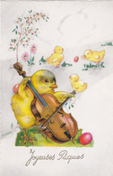 Joyeuses Paques,en 1950,carte à Ajoutis Poussin Qui Joue D'un Instrument De Musique,rare - Ostern