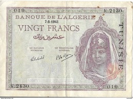 VINGT FRANCS - Banque De L'Algérie Surchargé TUNISIE - - Tunisie