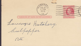 United States Postal Stationery Ganzsache Entier MANASSAS Va. 1953 CULPEPPER (2 Scans) - 1941-60