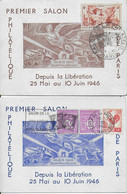 MECA + CACHET MANUEL : SALON DE LA PHILATELIE - 1946 - 2 CARTES COMMEMORATIVES DU 1° SALON DEPUIS LA LIBERATION - Libération