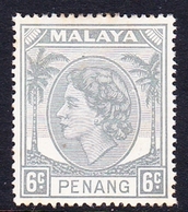 Malaysia-Penang SG 32 1954 Queen Elizabeth II, 6c Grey, Mint Hinged - Penang