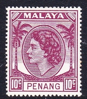 Malaysia-Penang SG 36 1954 Queen Elizabeth II, 10c Brown Purple, Mint Hinged - Penang