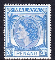 Malaysia-Penang SG 36 1954 Queen Elizabeth II, 20c Bright Blue, Mint Hinged - Penang