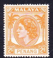Malaysia-Penang SG 37 1954 Queen Elizabeth II, 2c Yellow Orange, Mint Hinged - Penang