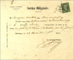 Càd BORDEAUX LA BASTIDE / N° 19 Sur Document De La Garde Nationale De Bordeaux. 1870. - TB. - R. - 1862 Napoléon III.