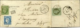 Losange PC 1 / N° 20 + 60 Càd PARIS A GIVET 1e Sur Lettre Pour Charleroi (Belgique). Au Verso, Càd CHARLEROI / 1c Lauré  - 1863-1870 Napoleon III Gelauwerd