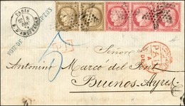 Etoile 18 / N° 56 (paire) + 57 (bande De 3) Càd R. D'AMSTERDAM Sur Lettre 3 Ports Pour Buenos Ayres (Argentine), Taxe 5  - 1871-1875 Cérès