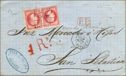 Ancre / N° 32 Paire Càd Octo LA HAVANE * Sur Lettre Pour San Sébastian. Taxe Tampon 4 R Rouge. 1869. - TB. - R. - Posta Marittima