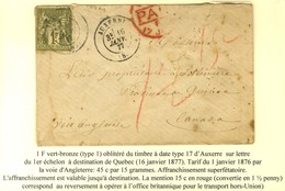 Càd T 17 AUXERRE (83) / N° 72 (pd) Sur Lettre Pour Le Québec, Taxe 15c En Rouge. 1877. - TB. - R. - 1877-1920: Periodo Semi Moderno