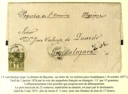 Càd BAYONNE / BASSES PYRENEES / N° 72 Sur Lettre Pour Guadalajara (Mexique), Taxe 25c Pour Le Port Mexicain. 1877. - TB. - 1877-1920: Semi-Moderne