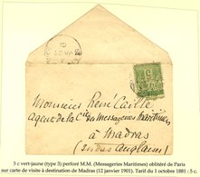 Càd PARIS / N° 102 Perforation MM (messageries Maritimes) Sur Carte De Visite Pour Madras. 1901. - TB. - 1877-1920: Semi-Moderne