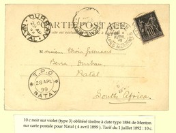 Càd MENTON / ALPES MARITIMES / N° 103 Sur Carte Pour Natal. Au Recto, Càd De Passage T.P.O. / NATAL Et Càd DURBAN / NATA - 1877-1920: Semi Modern Period