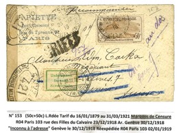 Càd PARIS / N° 153 Sur Lettre Recommandée Pour Genève Réexpédiée Avec Marque De Censure. 1918. - TB. - R. - 1921-1960: Période Moderne