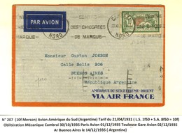 Càd CAMBRAI / NORD / N° 207 Sur Lettre Par Avion Pour Buenos Aires. 1935. - TB / SUP. - 1921-1960: Modern Period