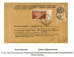 Càd AIX-LES-BAINS / SAVOIE / N° 262 Sur Carte D'abonnement + Timbre Fiscal à 25c. 1933. - TB / SUP. - R. - 1921-1960: Periodo Moderno