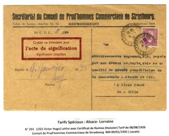 Càd / N° 293 Sur Lettre Avec Certificat De Remise D'huissier Pour L'Alsace-Lorraine. 1935. - TB. - 1921-1960: Période Moderne