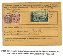 Càd / N° 394 Sur Carte D'abonnement VRP + Timbre Fiscal à 60c. 1939. - TB. - R. - 1921-1960: Période Moderne