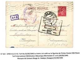 Oblitération / N° 654 Sur CPO Pour L'Espagne Avec Marque De Censure. 1945. - TB. - 1921-1960: Période Moderne