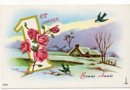 Nouvel An - Bonne Année -carte De Type Mignonnette Signée L.G - Paysage De Neige Et Village--1er -roses-oiseau - Nouvel An