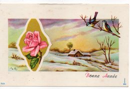 Nouvel An - Bonne Année -carte De Type Mignonnette Signée L.G - Paysage De Neige Et Village--roses-oiseau - Nouvel An