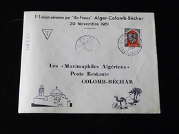 LETTRE 1 ERE LIAISON AERIENNE PAR AIR FRANCE  ALGER - COLOMB - BECHAR   20 NOVEMBRE 1951 - 1927-1959 Lettres & Documents