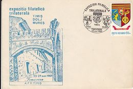 TIMIS-DOLJ-MURES PHILATELIC EXHIBITION, COAT OF ARMS, TOWN, SPECIAL COVER, 1987, ROMANIA - Lettres & Documents